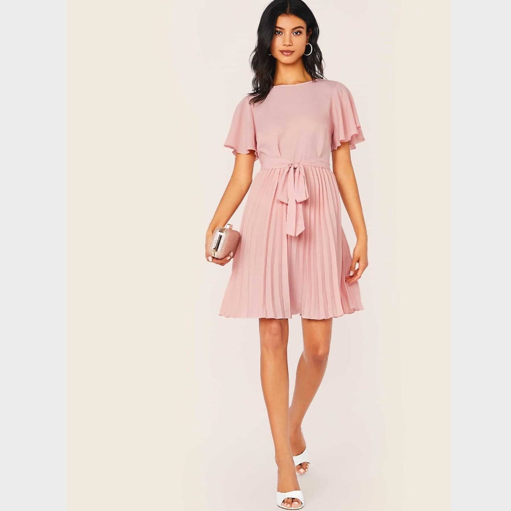 Flounce Sleeve Belted Pleated Mini Dress in Pink - Picture 3 of 7